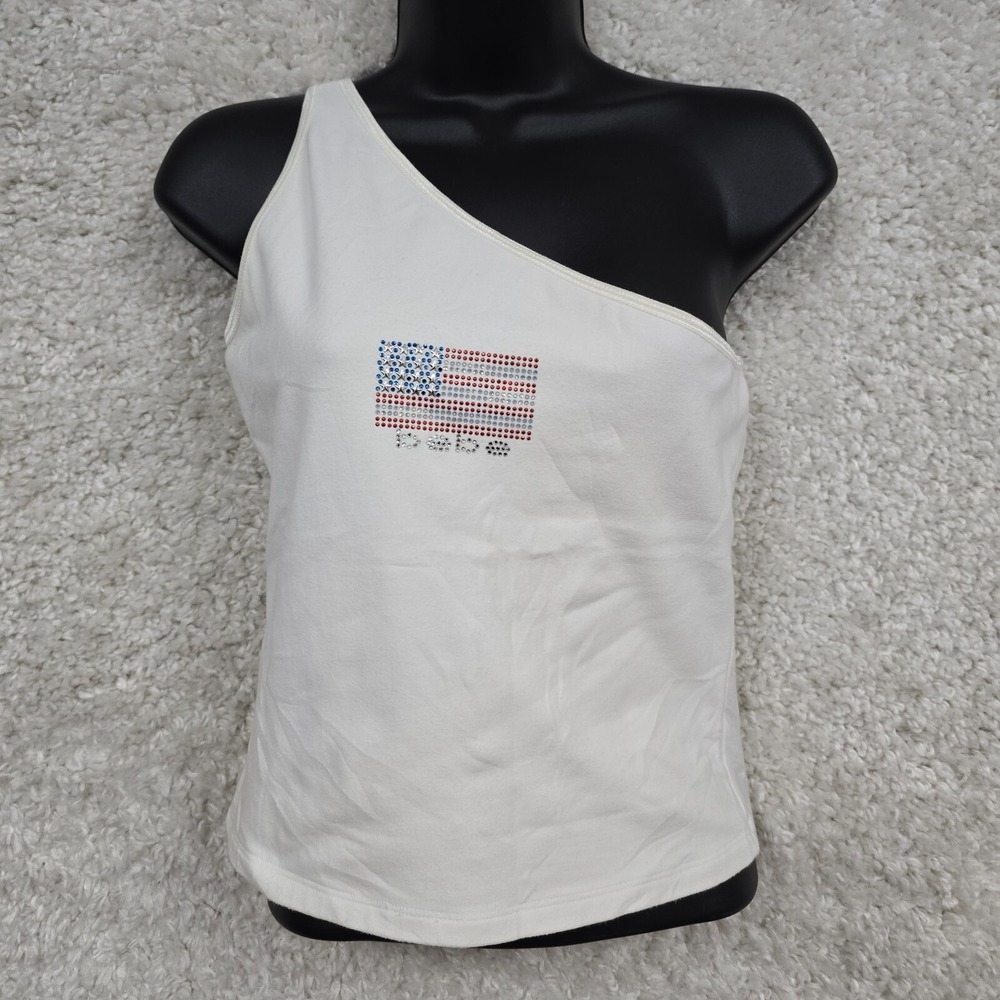 Bebe bbsp One Shoulder Tank Top Womens L White Rhinestone USA Flag Y2K Glam